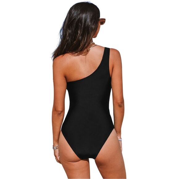Cupshe Black One Shoulder Ruched Tummy Control One Piece Swimsuit Size Medium - Picture 3 of 7